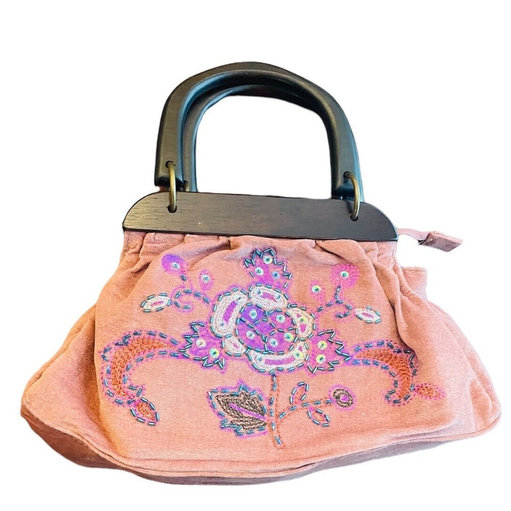 Vintage Beaded Embroidered Faux Velvet Mauve Pink Wooden Handles Boho Handbag